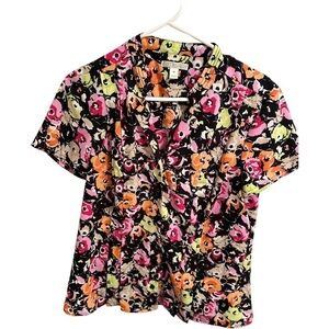 Dana Buchman Floral Button Blouse with Cap Sleeves, Black, Pink, Orange, Medium
